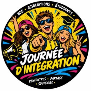 Badge pop-art Journée d'intégration : étudiants souriants, BDE, associations, rencontres, partage, souvenirs