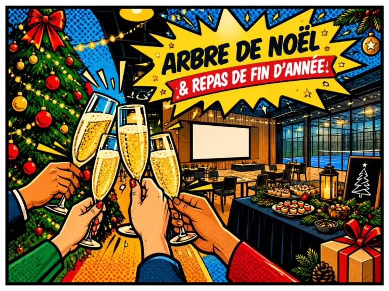 Illustration pop-art : toast au champagne devant un sapin de Noël et la salle de réception du Park à Servon, pour un arbre de Noël ou un repas de fin d'année