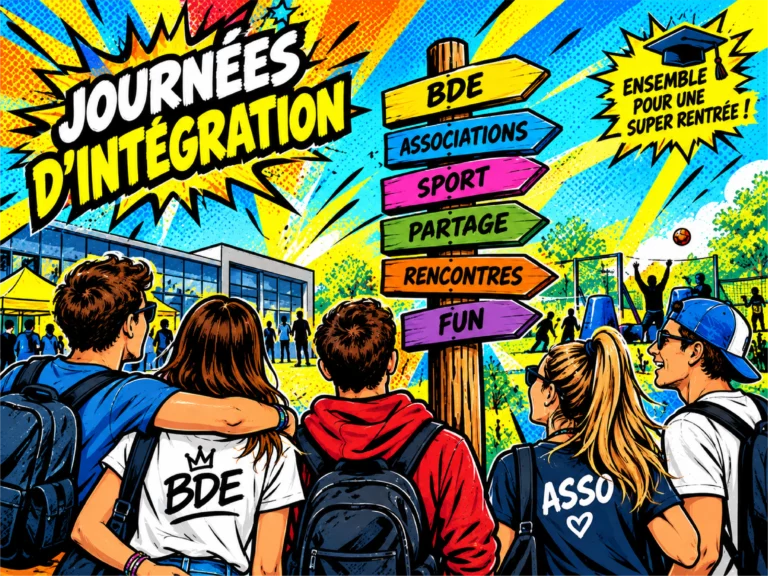 Illustration pop-art de journées d'intégration : étudiants du BDE et d'associations devant un panneau BDE, associations, sport, rencontres, fun